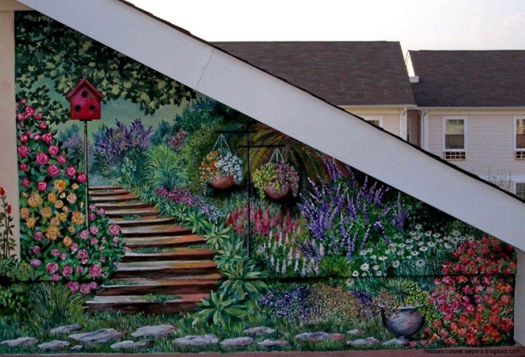 Exterior wall mural of a garden with stone steps, a red birdhouse, pink roses, and hanging flower baskets